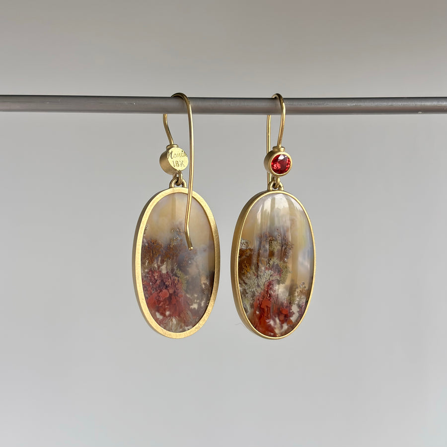 Plume Agate with Red Sapphire Earrings