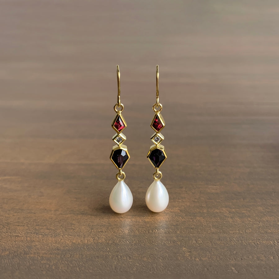 Spinel, Garnet, Diamond, and Pearl Earrings