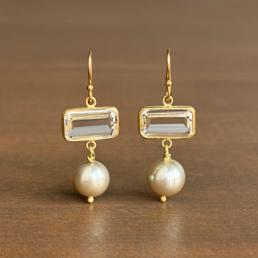 Emerald Cut White Topaz & Freshwater Pearl Earrings in 18k Gold