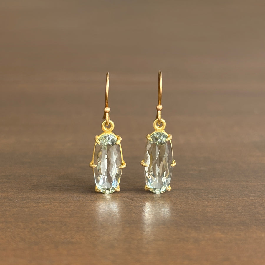 Small Faceted Oblong Oval Green Amethyst Earrings in 18k Gold