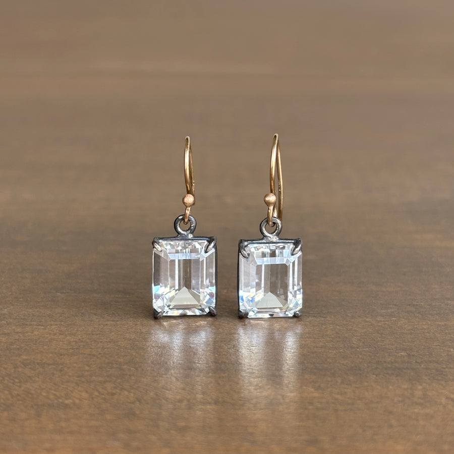 Small Emerald Cut White Topaz Earrings in Oxidized Sterling Silver & 14k Gold