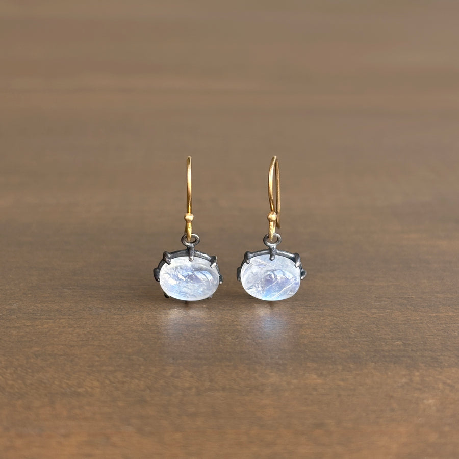 Mini Oval Cabochon Rainbow Moonstone Earrings in Oxidized Sterling Silver & 14k Gold
