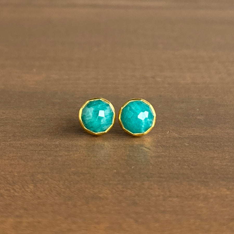Round Rose Cut Amazonite Stud Earrings