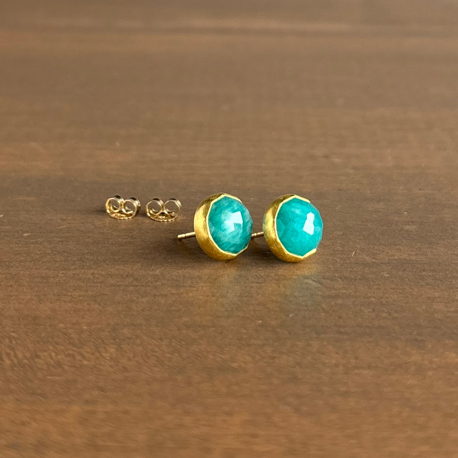 Round Rose Cut Amazonite Stud Earrings