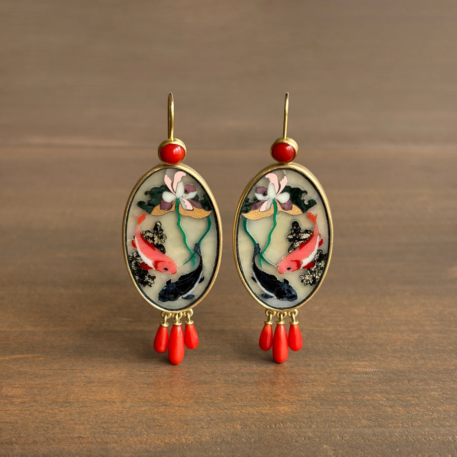Koi Intarsia Earrings with Coral Accents