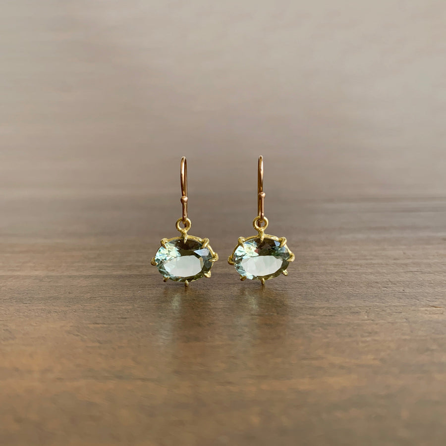 Small Faceted Oval Green Amethyst Earrings