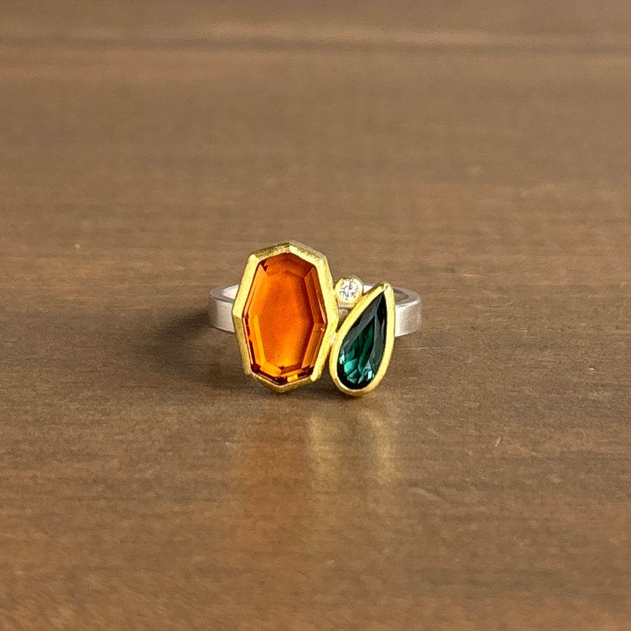 Citrine, Tourmaline, & Diamond Cluster Ring