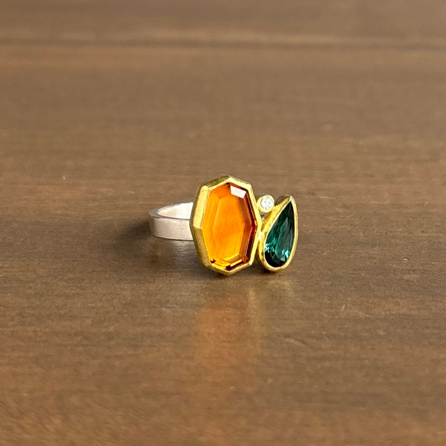 Citrine, Tourmaline, & Diamond Cluster Ring