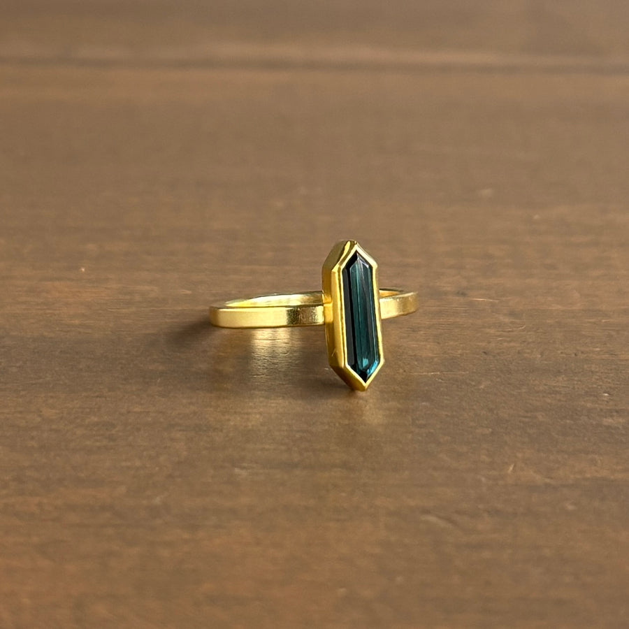 Long Green Tourmaline Hexagon Ring