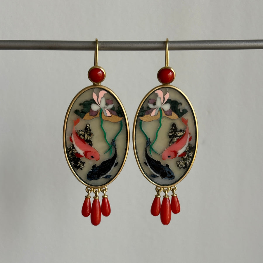 Koi Intarsia Earrings with Coral Accents