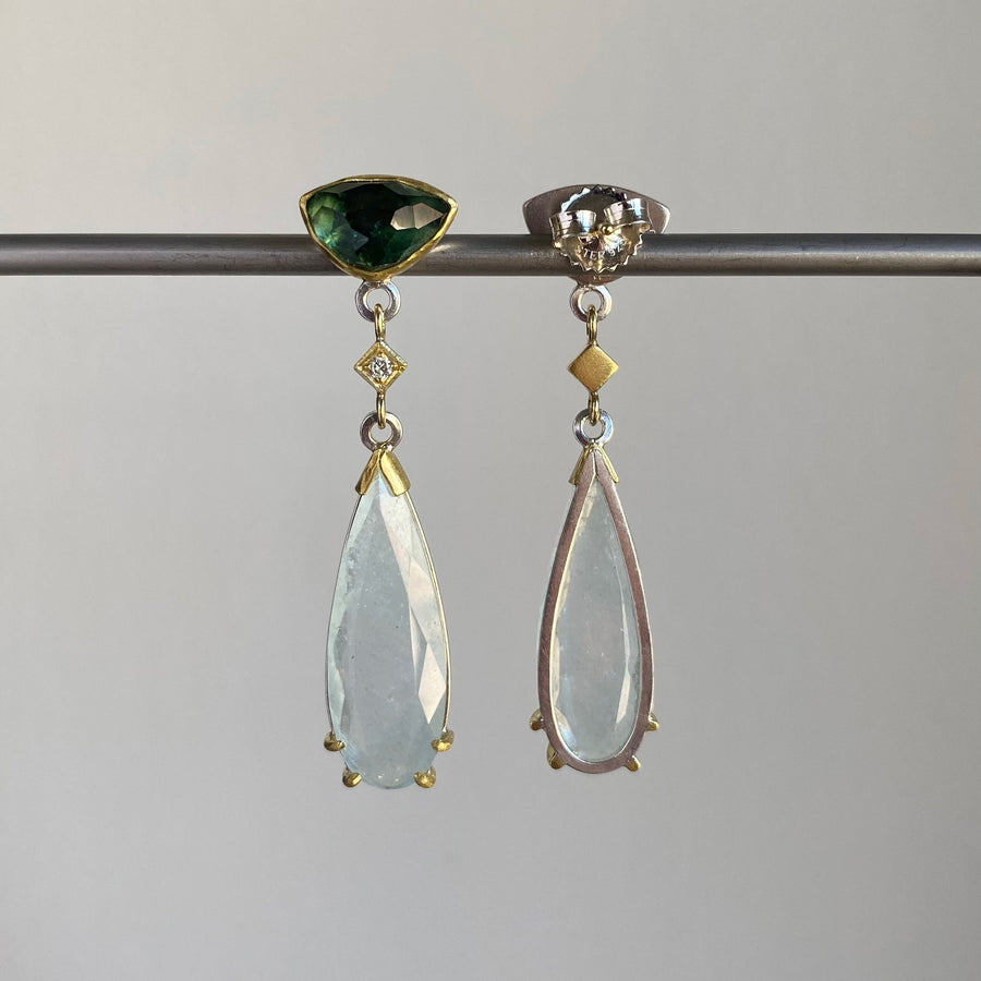 Tourmaline, Aquamarine, & Diamond Cube Earrings