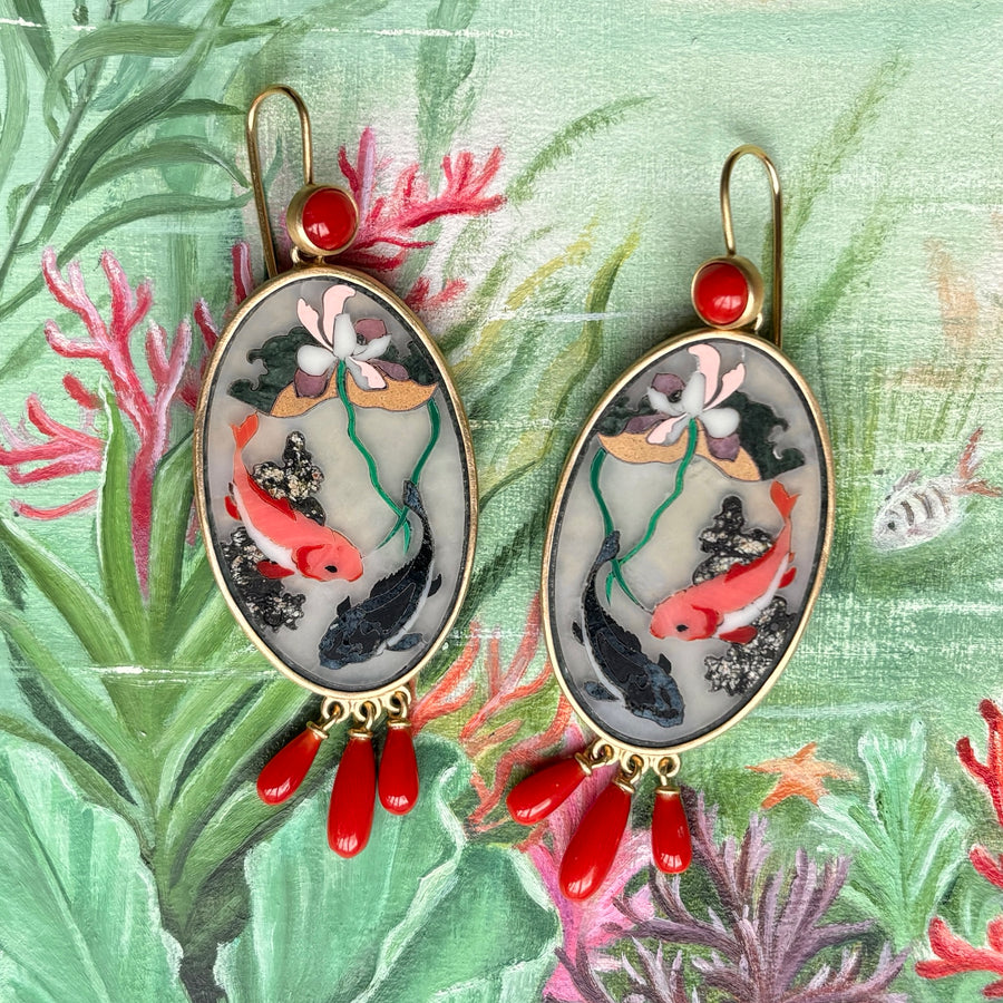 Koi Intarsia Earrings with Coral Accents