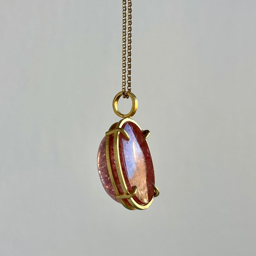 Peach Oval Cage Set Imperial Topaz Cabochon Pendant in 18k Gold