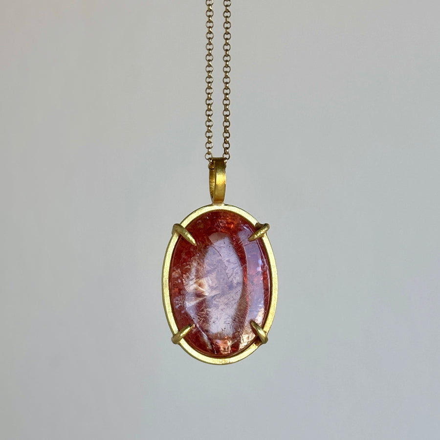 Peach Oval Cage Set Imperial Topaz Cabochon Pendant in 18k Gold