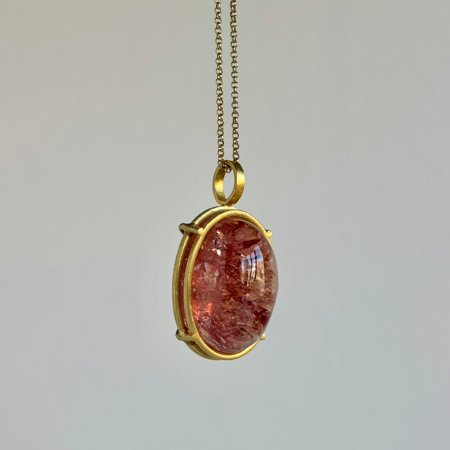 Peach Oval Cage Set Imperial Topaz Cabochon Pendant in 18k Gold