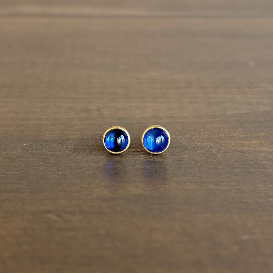 Round Natural Blue Sapphire Cabochon Stud Earrings
