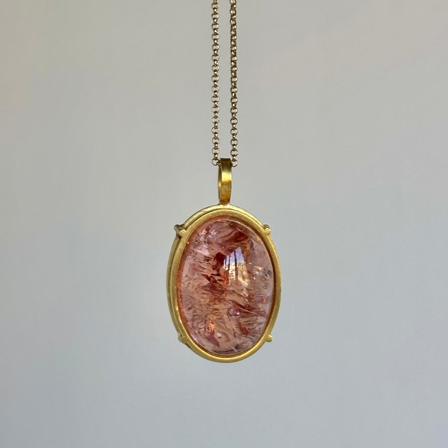 Peach Oval Cage Set Imperial Topaz Cabochon Pendant in 18k Gold