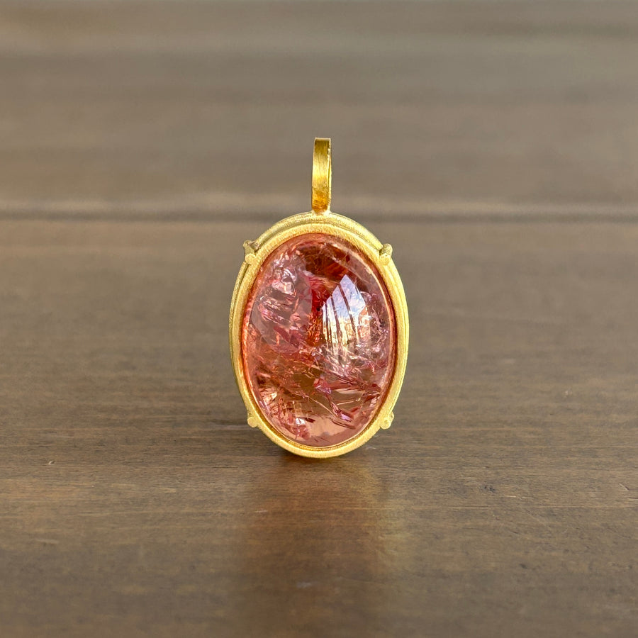 Peach Oval Cage Set Imperial Topaz Cabochon Pendant in 18k Gold