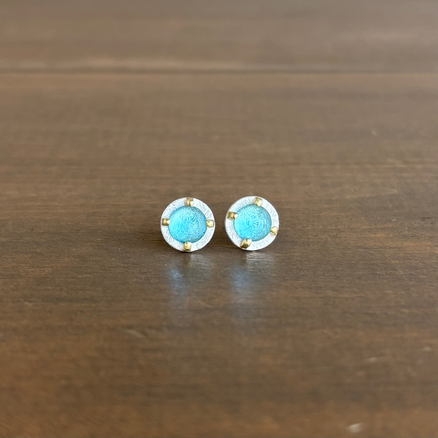 Round Blue Topaz Carved Stud Earrings