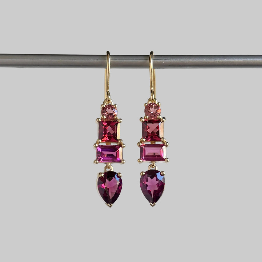 Mixed Rosy Toned Earrings with Tourmaline & Garnet in 14k Gold hanging 2