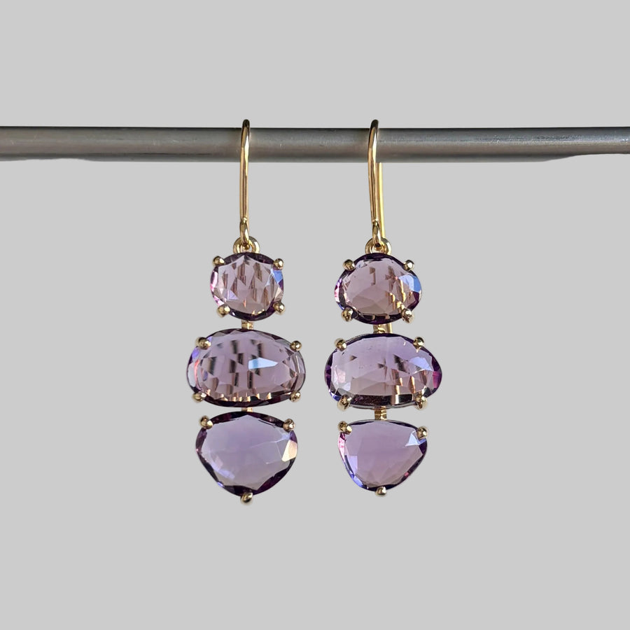 Rose Cut Amethyst Triple Drop Earrings in 14k Gold hanging 2