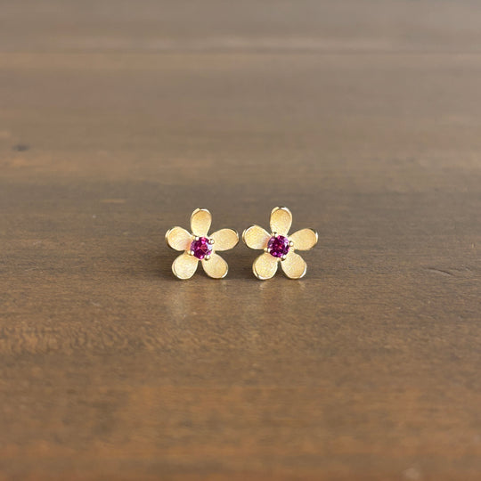Bold Garnet Flower Stud Earrings in 14k Gold