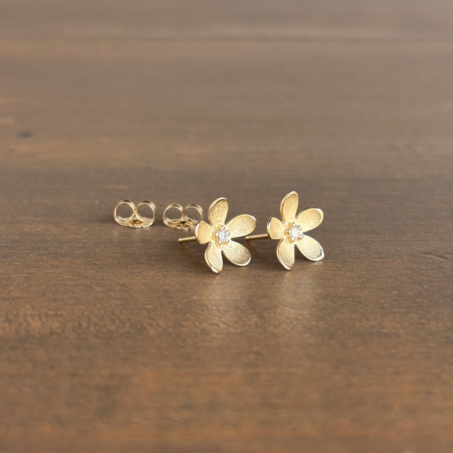 Bold Diamond Flower Stud Earrings in 14k Gold side view
