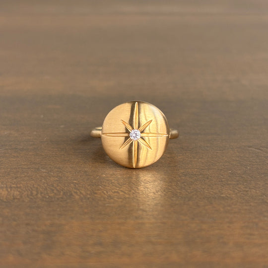 Dome Starburst Emblazoned Ring in 14k Gold with Diamond