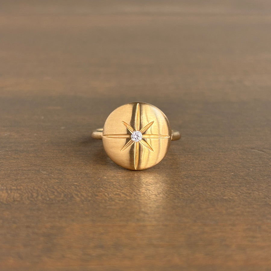 Dome Starburst Emblazoned Ring in 14k Gold with Diamond