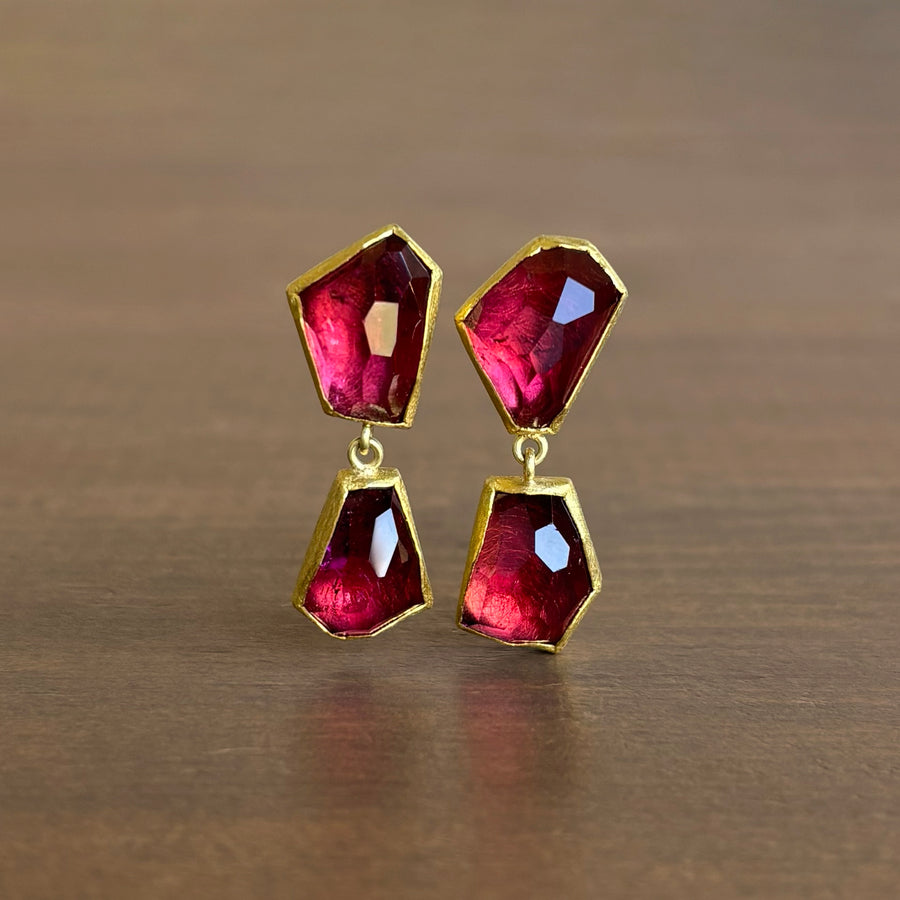 Red Tourmaline Polygon Double Drop Post Earrings