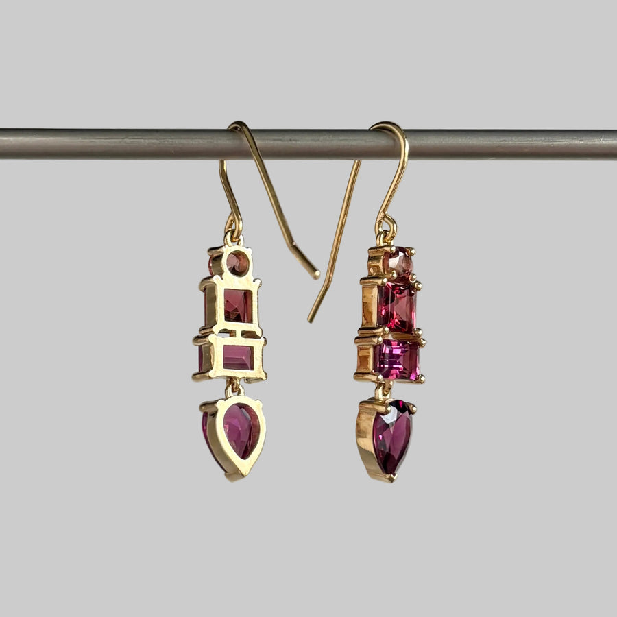 Mixed Rosy Toned Earrings with Tourmaline & Garnet in 14k Gold hanging