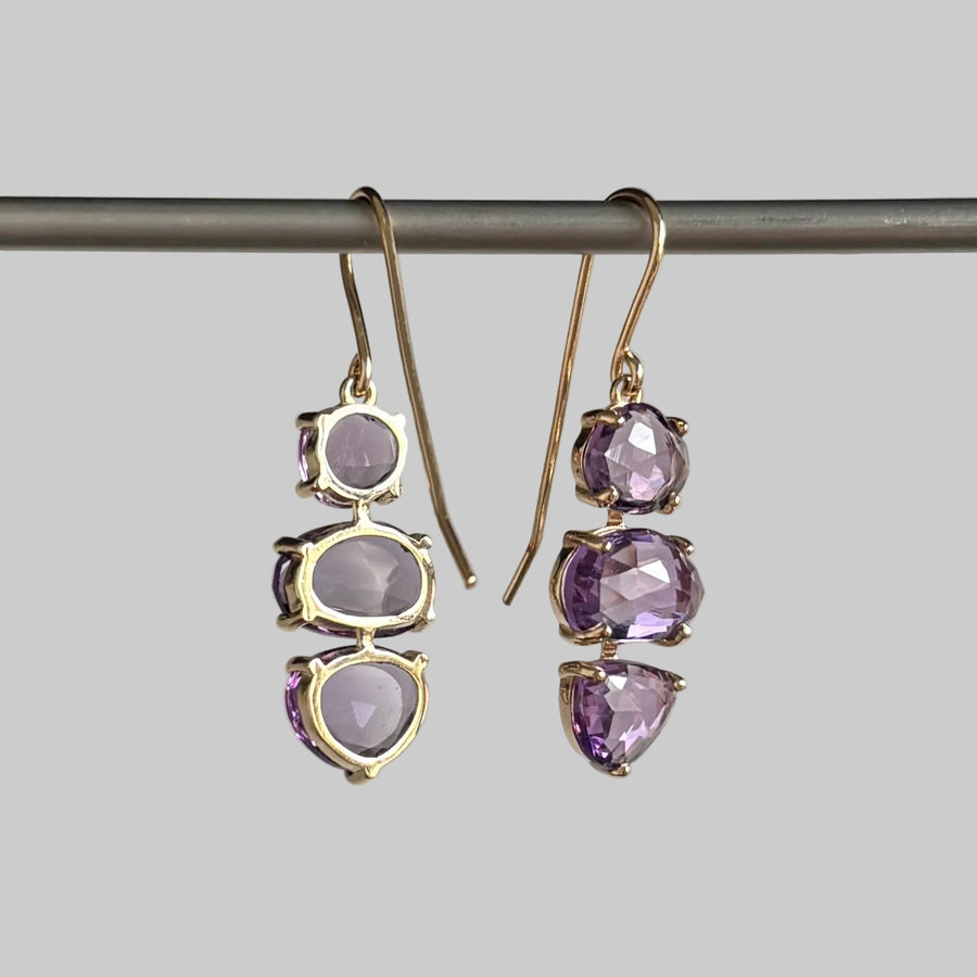Rose Cut Amethyst Triple Drop Earrings in 14k Gold hanging