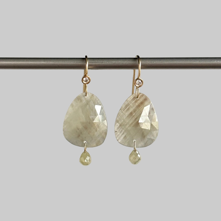 Rose Cut Sapphire Earrings with Diamond Drops in 14k Gold hanging