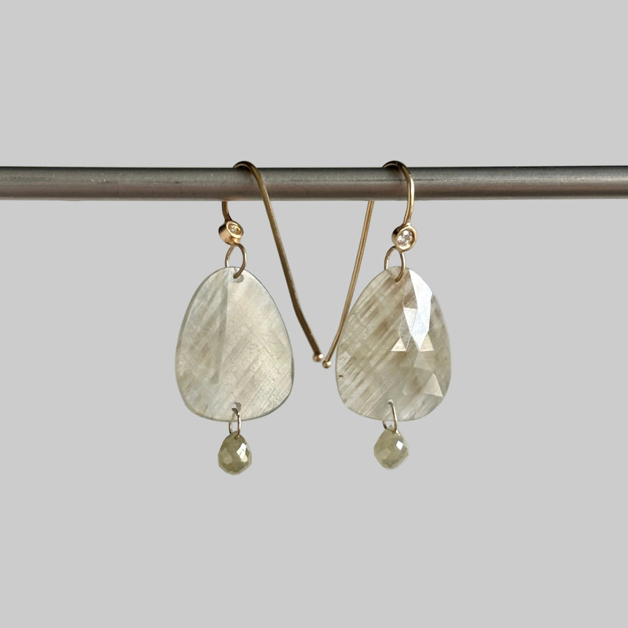 Rose Cut Sapphire Earrings with Diamond Drops in 14k Gold hanging 2