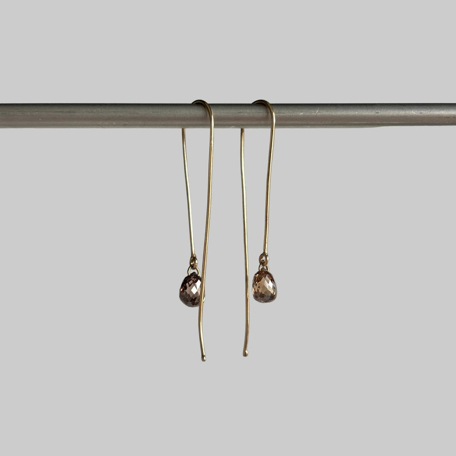 Tiny Brown Diamond Briolette Earrings in 14k Gold hanging 2
