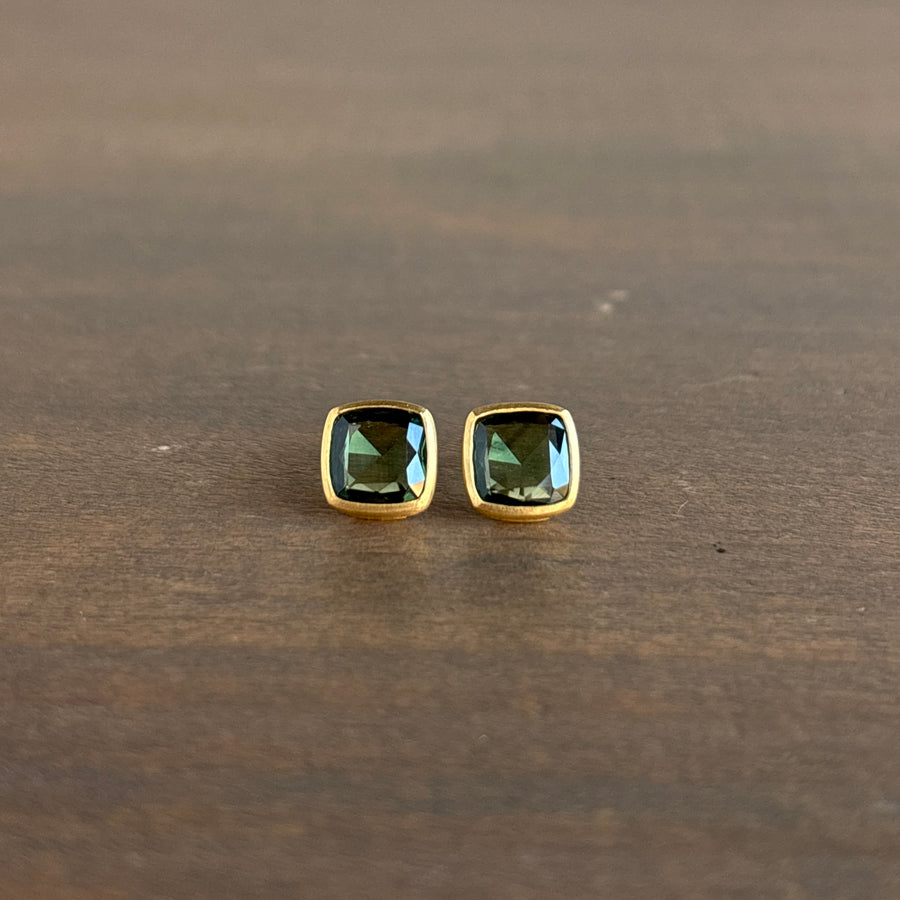 Squarish Green Sapphire Stud Earrings
