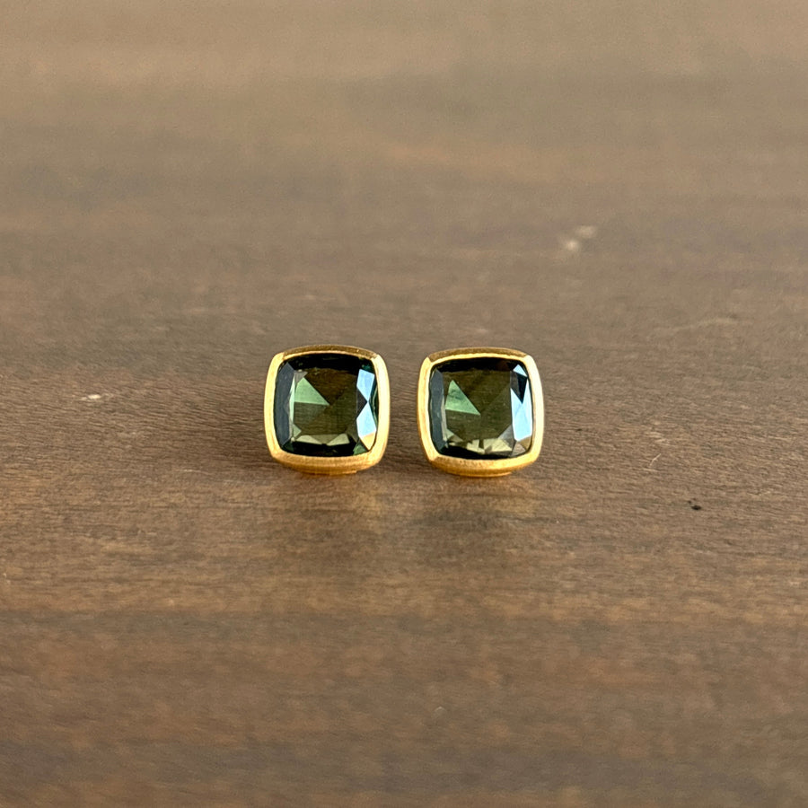 Squarish Green Sapphire Stud Earrings
