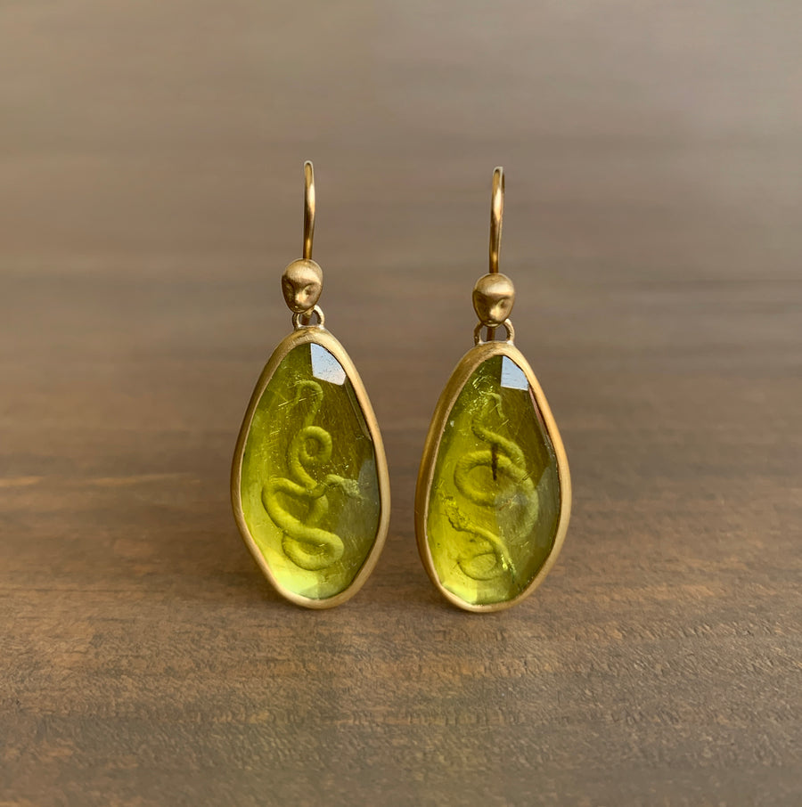 Medusa's Serpents Tourmaline Intaglio Cameo Earrings