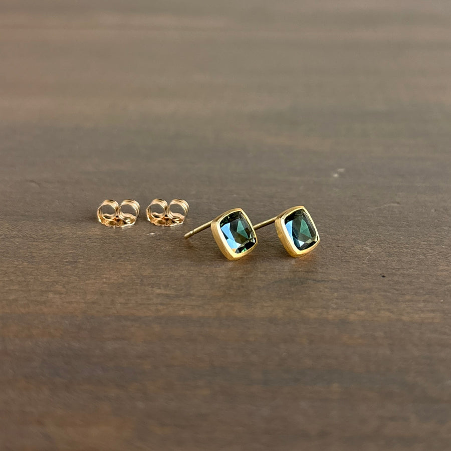Squarish Green Sapphire Stud Earrings