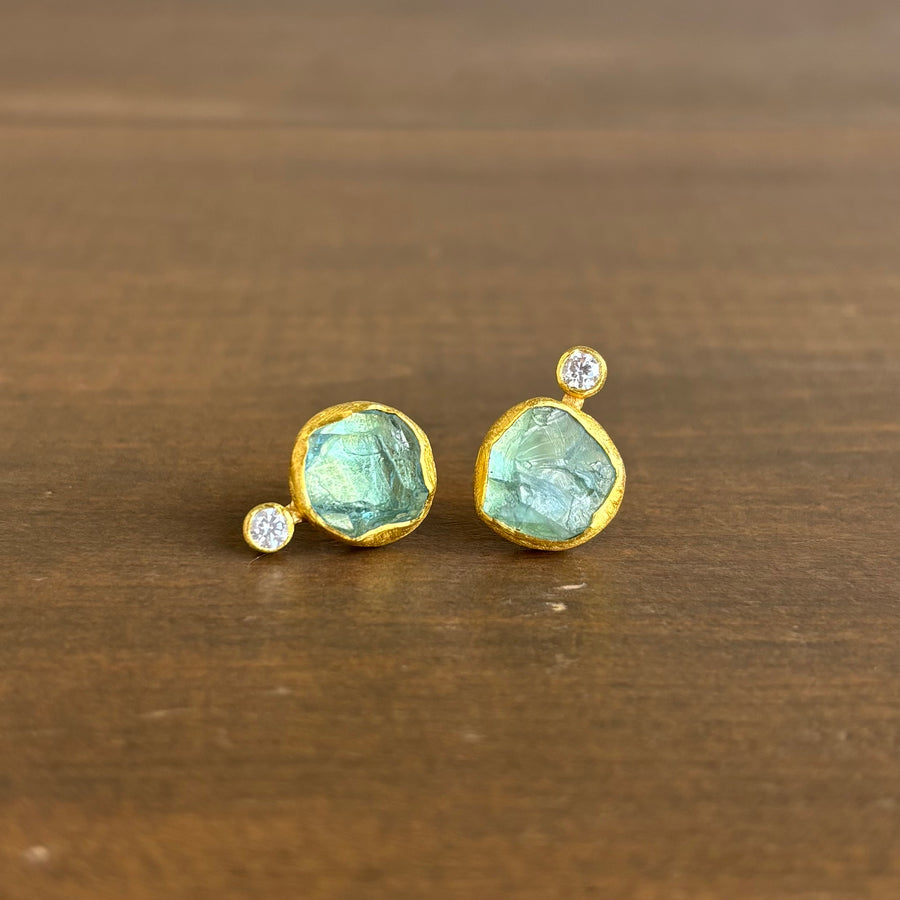 Aquamarine Crystal & Diamond Stud Earrings