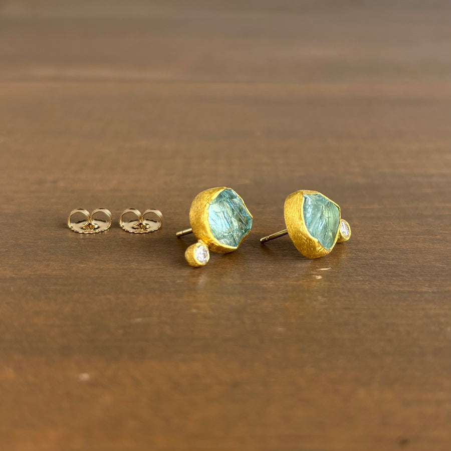 Aquamarine Crystal & Diamond Stud Earrings