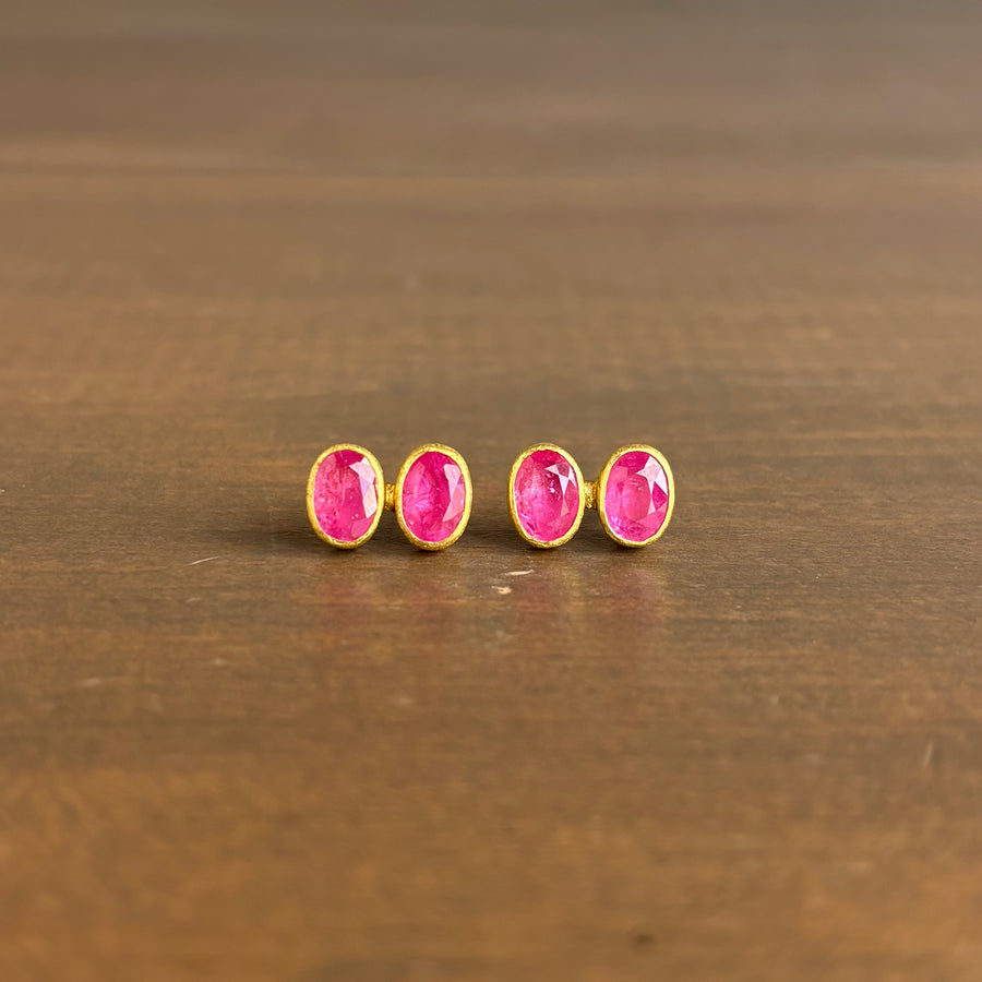 Faceted Oval Ruby Double Post Earrings