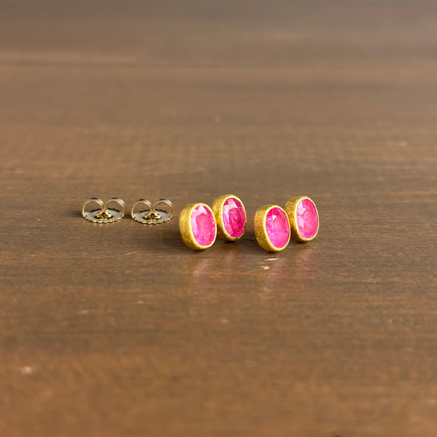 Faceted Oval Ruby Double Post Earrings