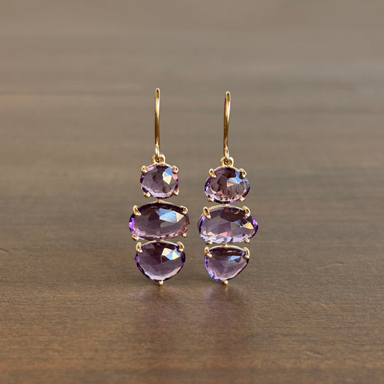 Rose Cut Amethyst Triple Drop Earrings in 14k Gold