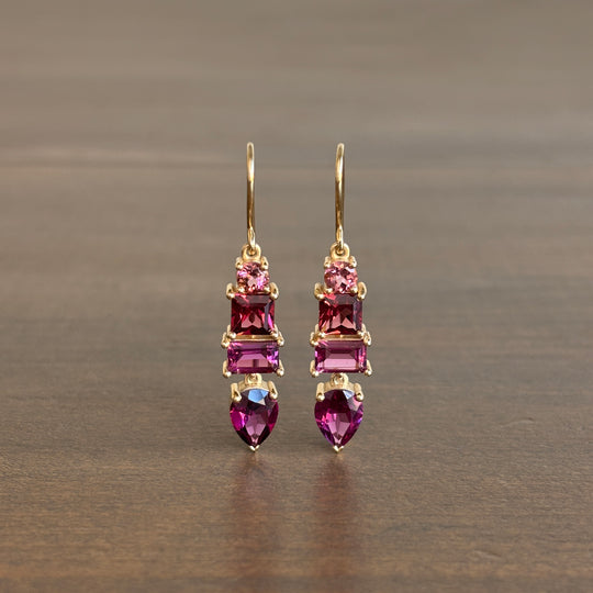 Mixed Rosy Toned Earrings with Tourmaline & Garnet in 14k Gold