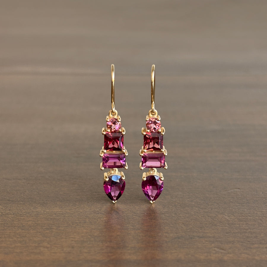 Mixed Rosy Toned Earrings with Tourmaline & Garnet in 14k Gold
