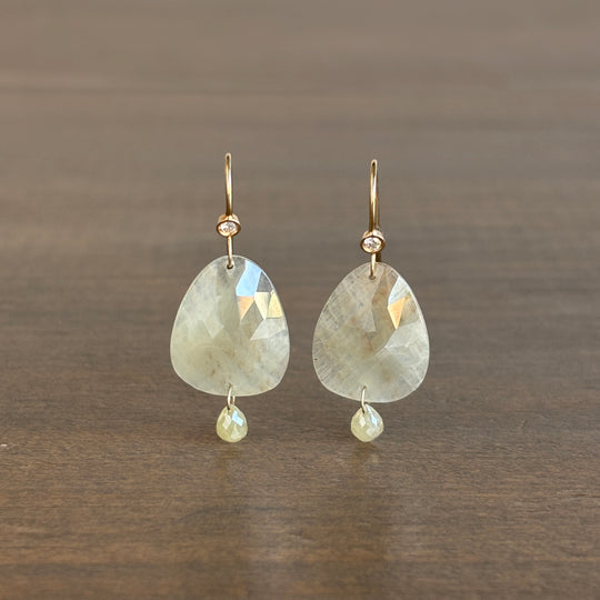 Rose Cut Sapphire Earrings with Diamond Drops in 14k Gold