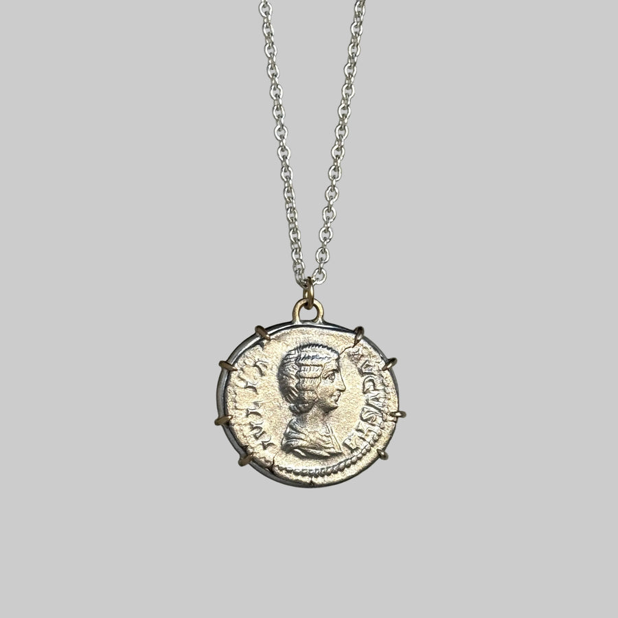 Julia Domna & Pietas Ancient Coin Cameo Necklace in Mixed Metal hanging view 1