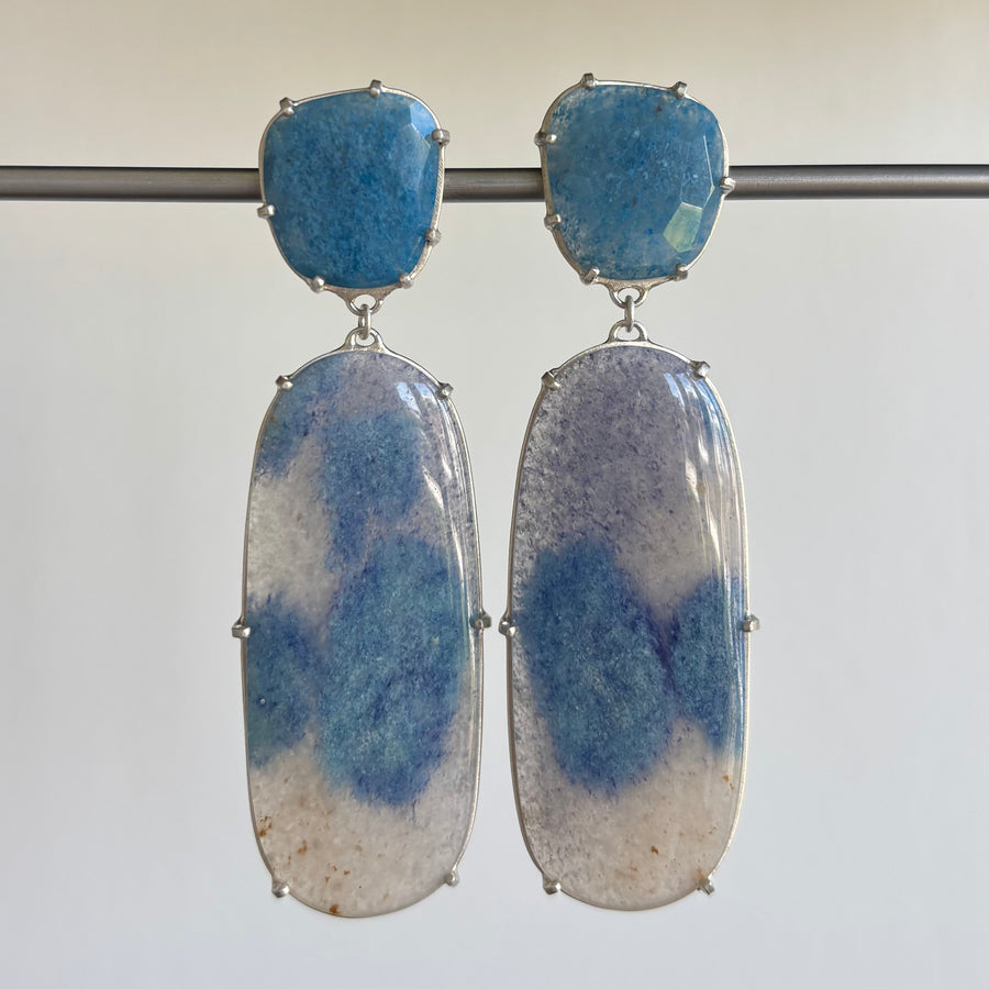 Large Lazulite Quartz Double Drop Post Earrings