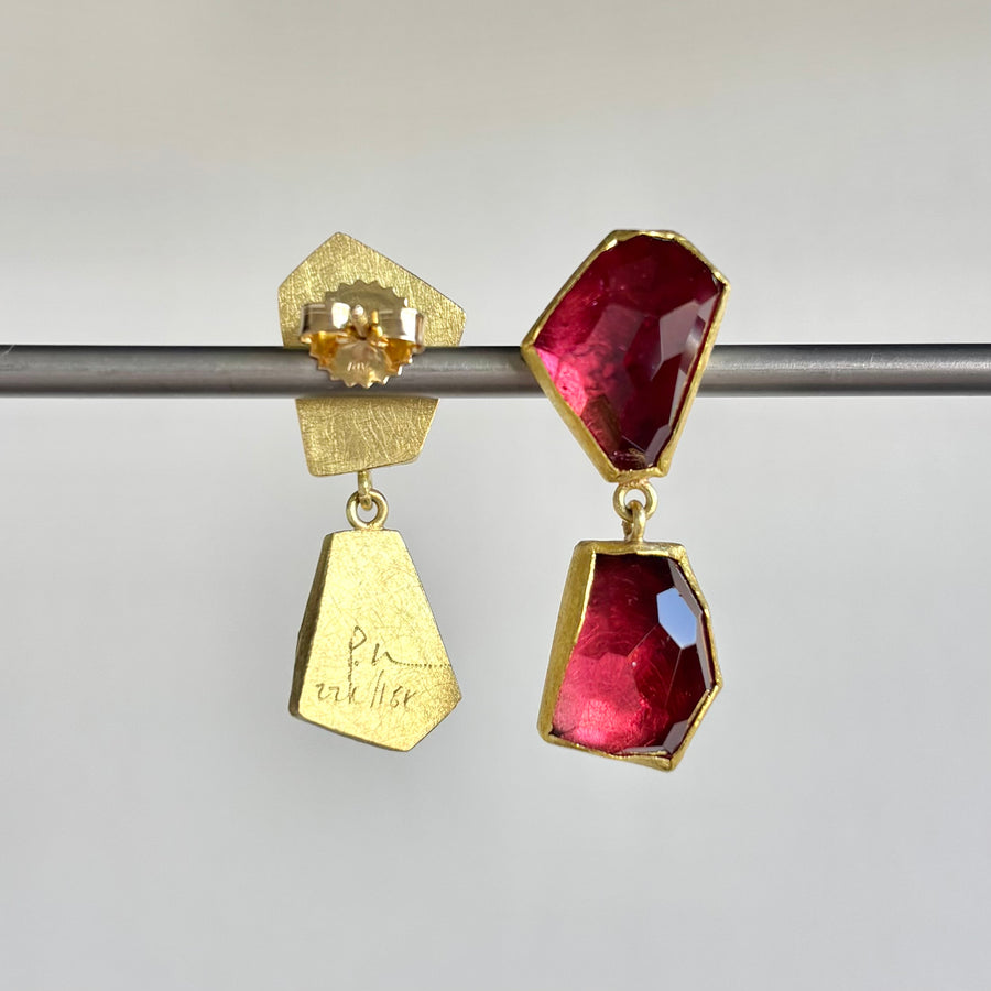 Red Tourmaline Polygon Double Drop Post Earrings
